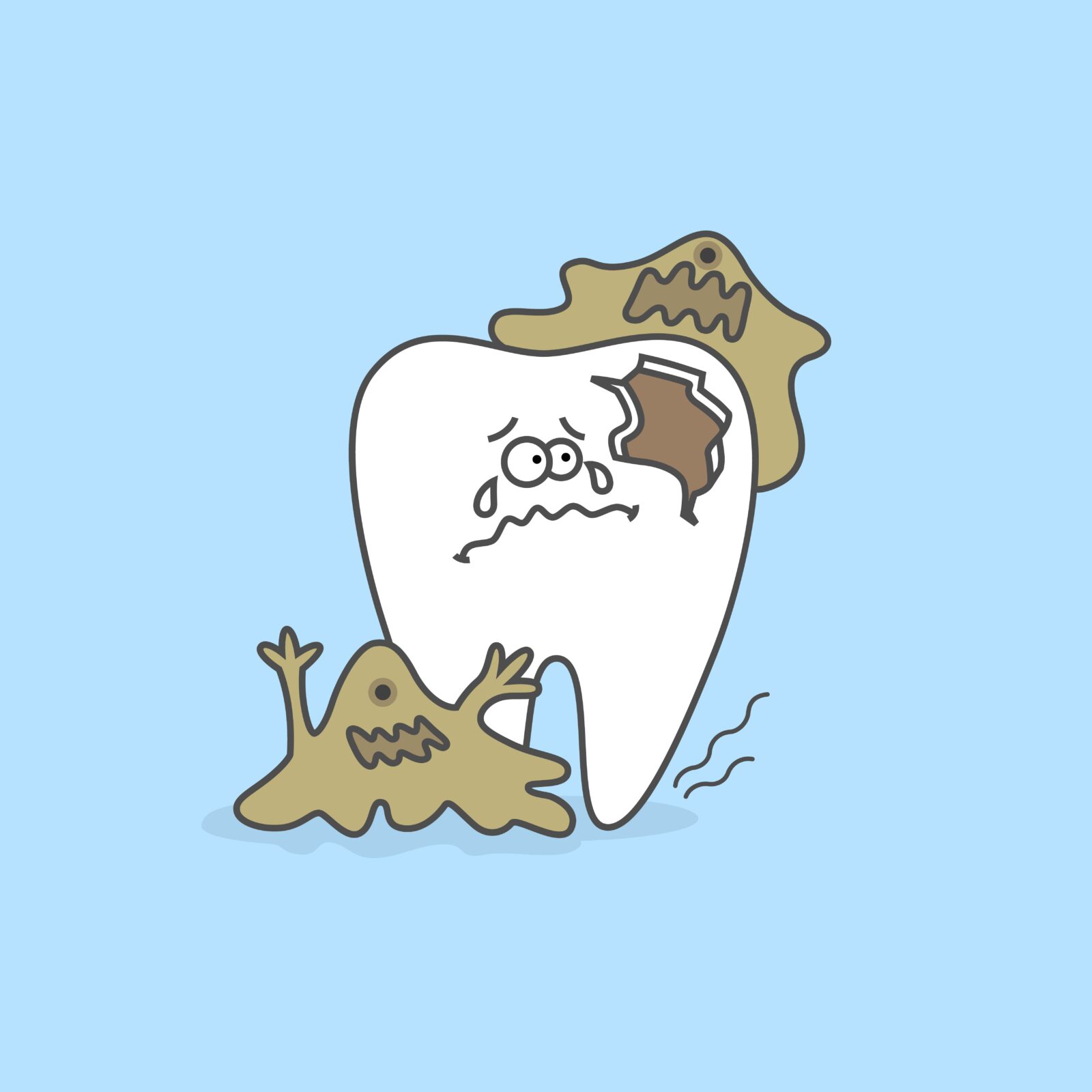 sad tooth cartoon being eaten by bacteria